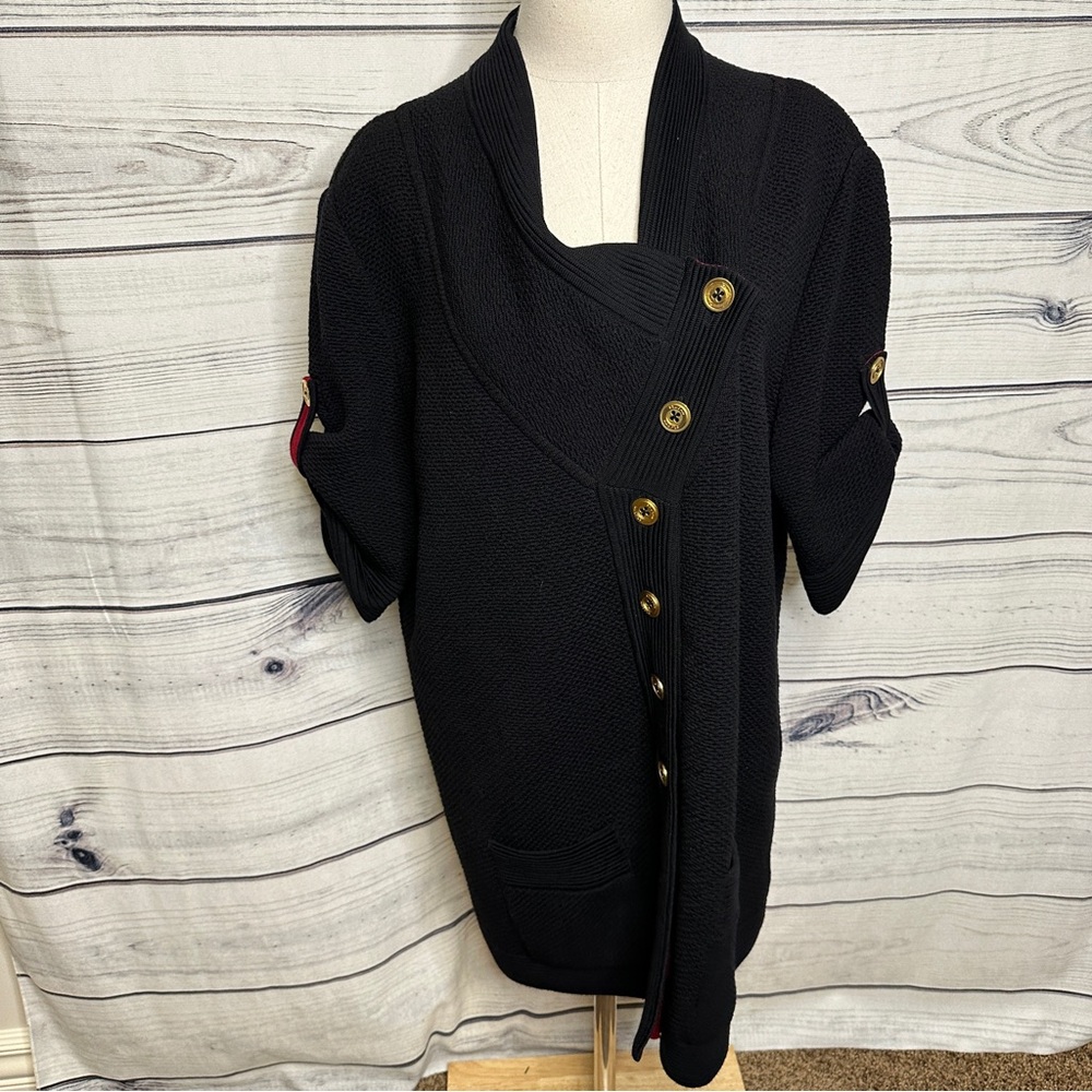 St. John black knit cowl neck knit top, gold buttons